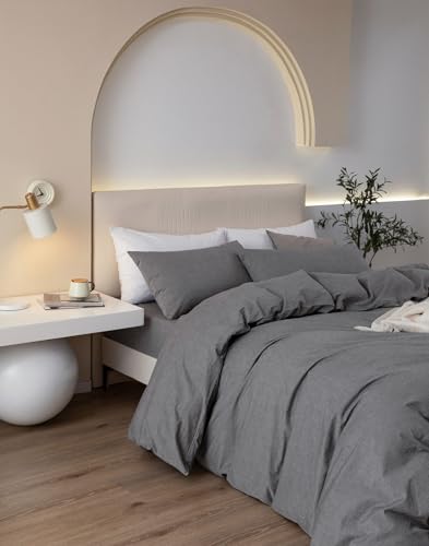 JIYUAN 100% Washed Cotton Duvet Cover Set 3 Pieces Full, 1 Duvet Cover 80x90 Inches (Comforter Not Included) and 2 Pillowcases,Linen Feel Bedding Set Comfy and Breathable, Heathered Dark Grey
