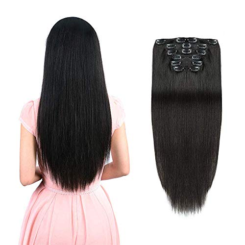 Hair Extensions For Women Clip Ins 70Gram/2.46oz Soft Straight Full Head Hair Natural Black Hair Extensions Real Human Hair Extensions Thickend Double Weft Clips 14Inch 7PCS(#1B)