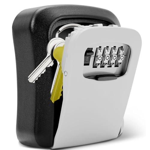 Key box wall-mounted 4-digit combination anti-theft key lock box one-touch setting protect your key storage space indoor outdoor office garage garden shop with security storage lock box