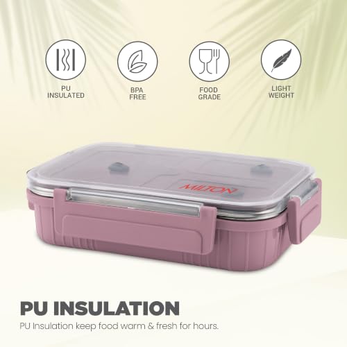 Image of MILTON Meal Safe 2 Inner Stainless Steel Tiffin Box for School with Steam Release Plug | PU Insulated, Leak-Proof, Food Grade I Lunch Box for Kids Boys, Girls with Snap Lock Lid, 465 ml, Pink