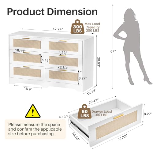Image of Redlife White Dresser for Bedroom, 6 Drawer Dresser with Golden Handles, Wood Storage Chest of Drawers for Closet, Living Room, Hallway and Entryway - Easy Assembly
