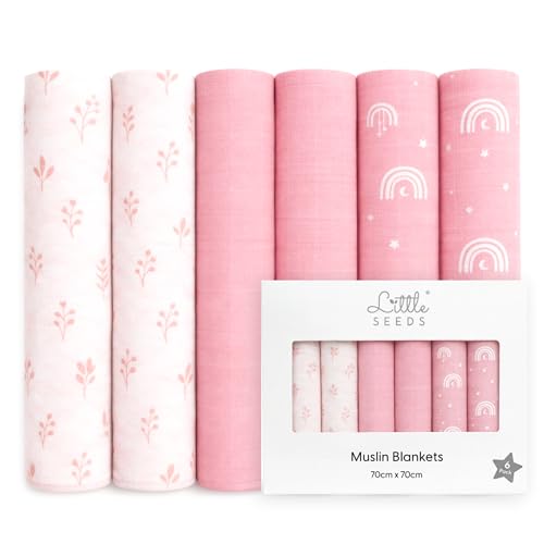 Little Seeds Baby Muslin Cloths 70 x 70cm 6 Pack | Soft & Absorbent Muslin Squares & Burp Cloths for Newborns | Breathable Baby Cloths - PINK