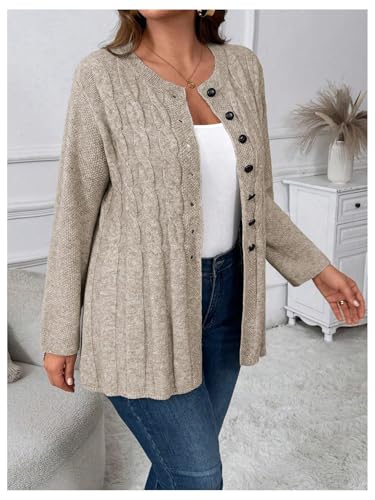 SHENHE Women's Plus Size Cable Knit Peplum Cardigan Button Down Crew Neck Soft Sweater Outerwear Coat2