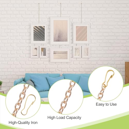 Image of Picture Hanging Kit with 4Pcs 1M Picture Hanging Chains & 12Pcs Hooks, Heavy Duty Metal Display Chain for Photo Frames Artworks Mirror(Gold)