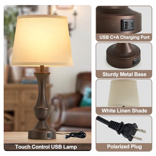 Luvkczc 22" Table Lamp Set of 2 - Vintage Brown Bedside Lamp with Beige Fabric Shade, Dimmable, USB C+A Ports, Nightstand Lamp for Living Room Bedroom (Bulb Included) by Luvkczc - Used condition - Image 3