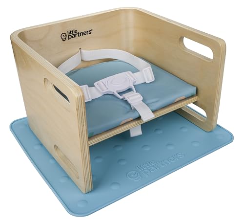 Image of Little Partners 3-in-1 Wooden Learning Booster Seat for Toddlers - Converts to Step Stool for Kids - Seat Cushion, Silicone Mat, and Booster Chair with Safety Straps - Feeding Chair (Natural)