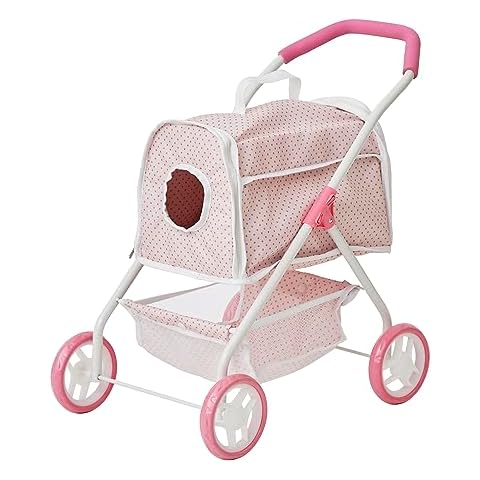 Olivia's Little World Polka Dots Princess Doll Animal Stroller with Detachable Toy Pet Carrier - Pet Doll Pram for 3 yrs and Up - Pink/Gray Cover