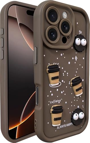 Image of SHINESTAR Back Cover for iPhone 16 Pro - 3D Cartoon Coffee & Eyes Design | Soft Silicone Shockproof Case with Full Camera Protection | Cute & Playful Phone Cover - Brown