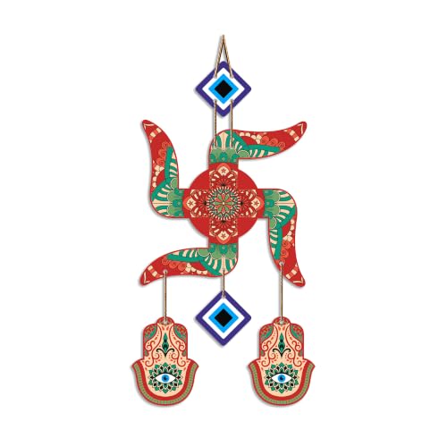 Image of Artvibes Colorful Swastik Wall Hanging with Evil Eye & Hamsa Hand | Decorative Vastu Decor for Home Entrance and Temple | Symbol of Prosperity | Good Fortune | Positive Energy Art Gift (WH 85105N)