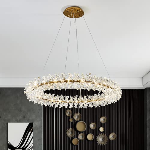 Axamate Modern Crystal Chandeliers D24 Gold Ring Chandelier Light Fixture Adjustable Hanging Ceiling Light for Living Room Bedroom Dining Room Laundry Room Foyer Kitchen Island by Axamate - Used condition - US$158.25