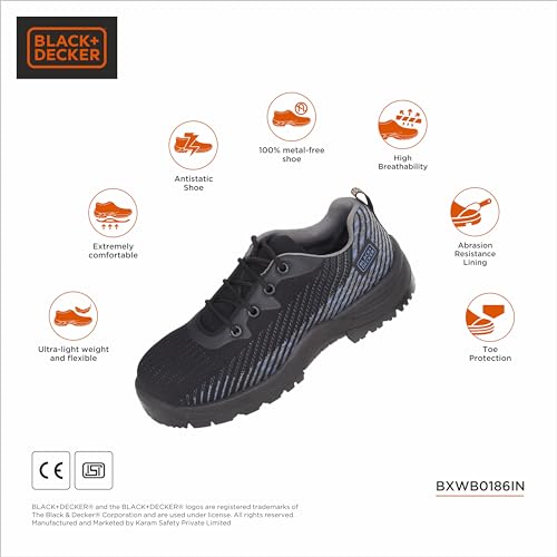 Image of BLACK+DECKER Flyknit Black & Blue Sporty Design Safety Shoes for Men | Lightweight, Antistatic & Antislip | Single Density with Fiber Toe | BXWB0186IN-FN | Size-10