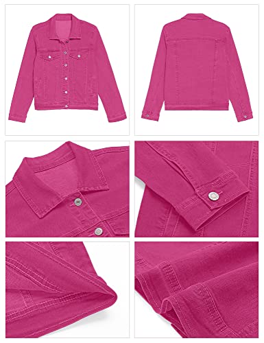 GRAPENT Women's Jean Trucker Coat Casual Basic Button Down Long Sleeve Stretchy Denim Jacket with Pockets Color Raspberry Rose Pink X-Large Size 16 Size 18