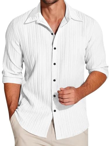 Image of Macsivo Men's Popcorn Shirt with Spread Collared Long Sleeve Button Down Closure Curved Hem Length | Linen Shirt for Man