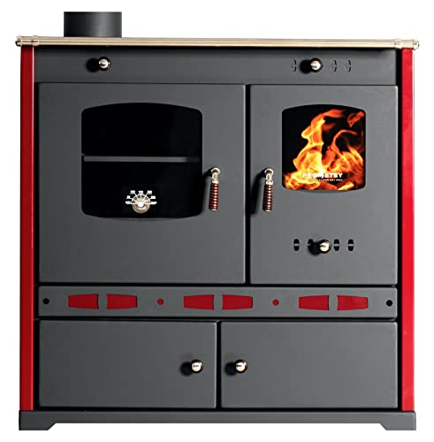 Foto von Kaminofen mit Backfach und Herdplatte Perfect Eco Lux Rot Links Holzofen 7 kW Kamin Ofen Holz Werkstattofen Hüttenofen Heizofen Gartenofen