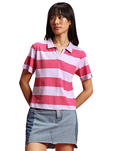Image of Bewakoof Women's 100% Cotton Striped Regular Fit Half Sleeve Polo T-Shirt | Cotton Tshirt for Woman | Casual wear | Streetwear
