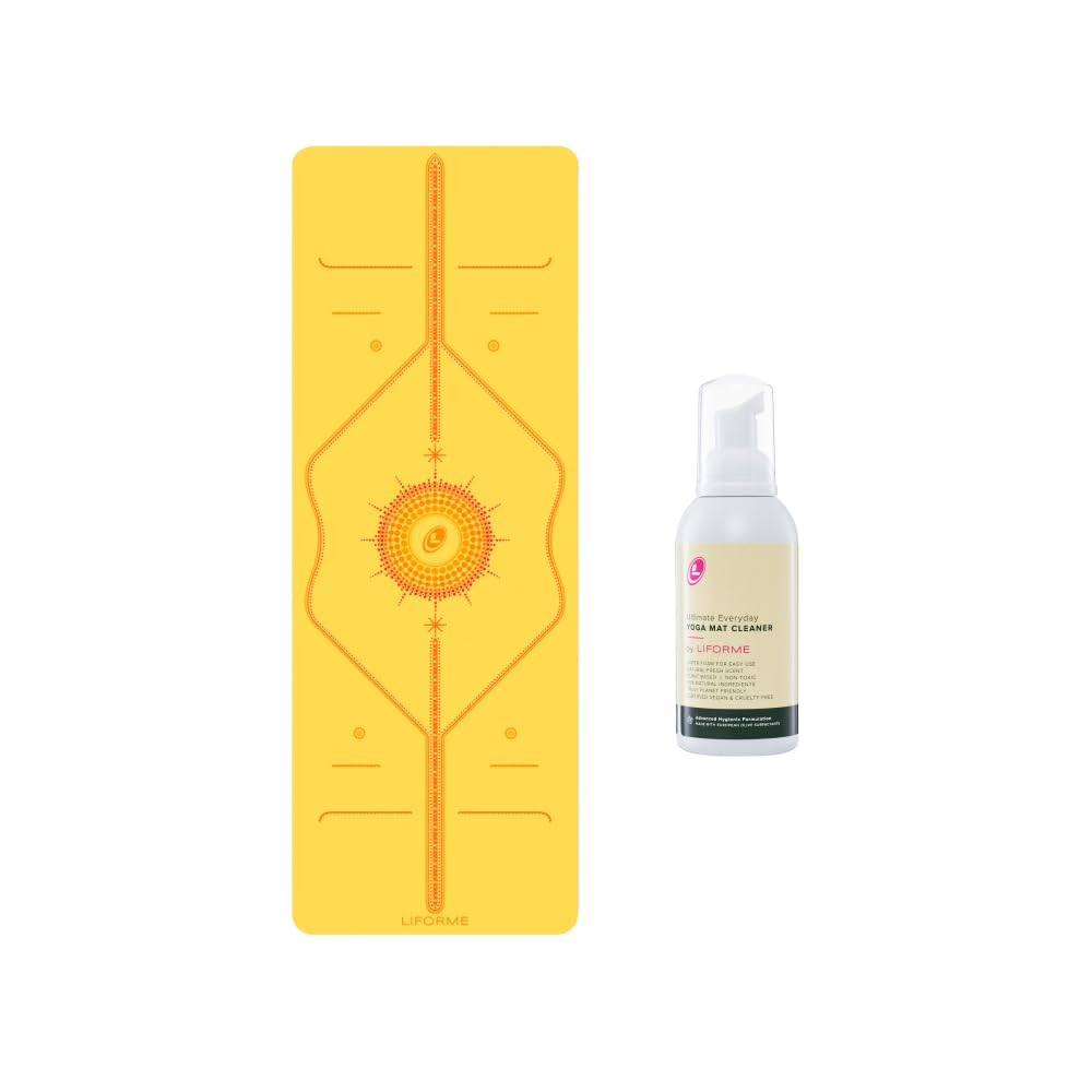 LIFORME Printed Yoga Mat & Ultimate Everyday Yoga Mat Cleaner- Bundle Pack – Patented Alignment System, Eco-Friendly, Non-Slip Warrior-Grip, Thick, Sweat Resistant, Comfortable - Radiant Sun-Yellow