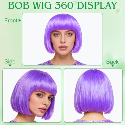 Image of MEEZY 2 Pcs Colorful Bob Wigs with Bangs Green Purple for Women, Neon Funny Wig Short Bob Hair with Heart Sunglasses Hair Cap for Halloween Costume Cosplay Birthday Bachelorette Party Carnival