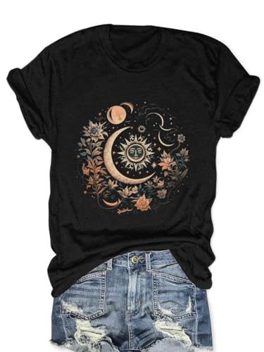 Women Mystical Moon and Sun Flower Shirt Vintage Wildflower T Shirts Boho Graphic Tees Short Sleeve Celestial Moon Tops