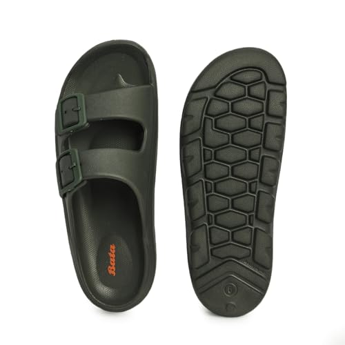 Image of Bata Men's Double Strap Slide Sandals, Grey, EVA Material, Adjustable Buckle, Textured Footbed, Casual Comfort, Open Toe