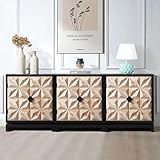 WILSHINE Set of 3 Modern Accent Cabinet, Sideboard Buffet with Storage, 80.3' Decorative Cabinet for Living Room Bedroom Kitchen Bar, 6 Carved Doors, Distressed Black & Natural Wood Finish