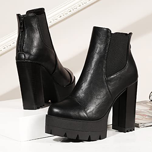 VOKLIN Women's Platform Chunky Block High Heel Ankle Boots Round Toe Side Panel Zipper Dressy Short Booties4