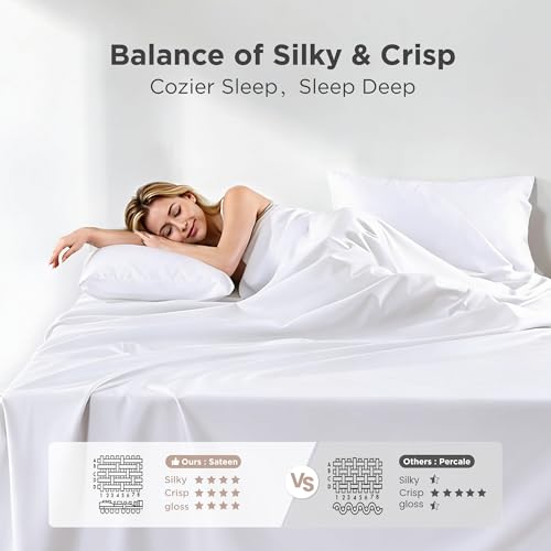 Image of Sophia & William 100% Cotton Sateen Sheet Set King Size White - 4 Piece Set | 1000 Thread Count Ultra-Soft 4 Piece Bedding, Extra Deep 16 inch Pocket Fitted Sheet Fits Most Mattresses, OEKO-TEX 100 Certified