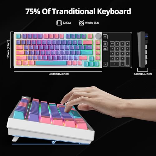 SOLIDEE Przewodowa klawiatura mechaniczna do gier 75% Hot Swappable,Gasket klawisze Red Switch z podświetleniem RGB,82 klawisze TKL klawiatury mechanicznej z pokrętłem sterującym(82 Purple)