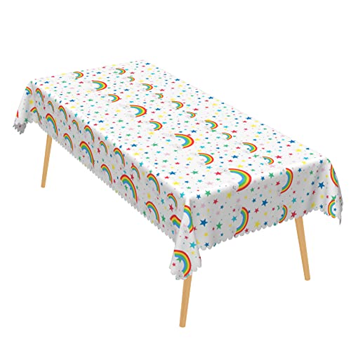 Laeacco 108x54 inch Cartoon Graffiti Tablecloth, Colorful Stars Print Rectangle Tablecloths Rainbows Hand Drawn Solid Color Waterproof Tablecover for Kids Desk Child Birthday Party Nursery Table Decor