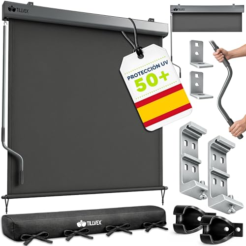 tillvex® Toldo Vertical de 180 x 250 cm para Exterior e Interior con Cubierta | Resistente al Agua con manivela para balcón, terraza y jardín | Estor para balcón, protección Solar de Aluminio