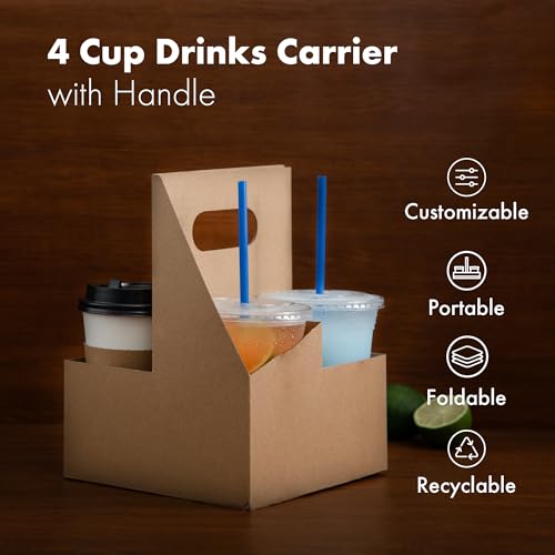 FMP Brands 4 Cup Disposable Drink Carrier with Handle, 25 Pack Kraft Paperboard Handled Drink Carriers 12-30 oz to Go Coffee Cup Holder, Cup Carrier for Cold Hot Drinks, Takeout, Cafe and Restaurant