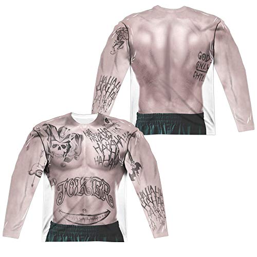 Popfunk Suicide Squad Joker Tattoos (Front Back Print) Unisex Adult Long-Sleeve Sublimated T Shirt for Men and Women White Large