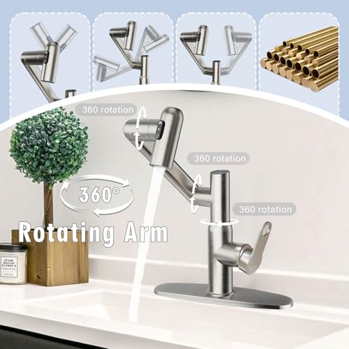 Rotatable Bath Faucet with Temp Display in Celsius, Single Hole Brushed Nickel and 3 Outlet Modes Faucet, Battery-Free — view 6