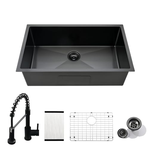 32 Inch Undermount Kitchen Sink and Faucet Combo Black - VOKIM 32x18Inch Undermount Sink 16 Gauge...
