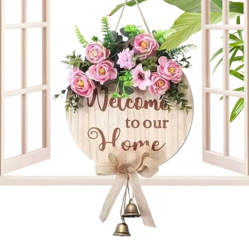 Salyeeluly Bienvenue dans notre décoration murale, panneau de porte de bienvenue | Couronne de décor de printemps de porte d’entrée - Décorations de porche de ferme d'eucalyptus, signe rond en bois