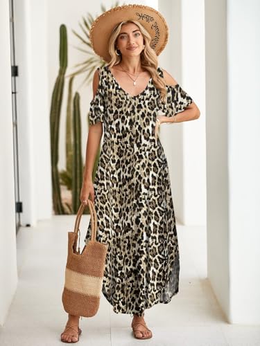 Image of BELAROI Womens Cold Shoulder Maxi Dress Plus Size V Neck Summer Sundresses with Pockets Beach Coverup Vacation Outfits