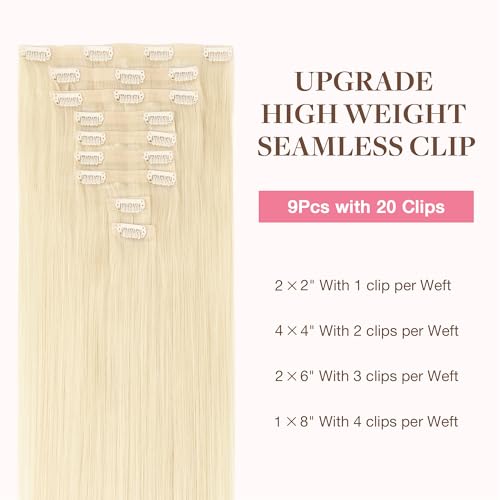 Image of GOO GOO Clip in Hair Extensions Real Human Hair, Remy Human Hair Extensions Clip ins for Women, Natural Human Hair, 14inch 130g 9Pcs, 613R Bleach Blonde