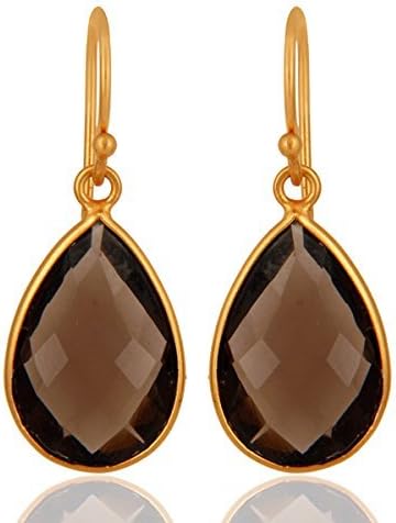 Smoky Quartz Earrings 12x18mm Pear Shape 18k Yellow Gold 925 Sterling Silver Gemstone Earrings Handmade Bezel Set Dangle Earrings Wedding Jewelry For Girls (Smoky Quartz-Gold)