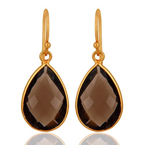Smoky Quartz Earrings 12X18Mm Pear Shape 18K Yellow Gold 925 Sterling Silver Gemstone Earrings Handmade Bezel Set Dangle Earrings Wedding Jewelry For Girls (Smoky Quartz-Gold) #TOP2