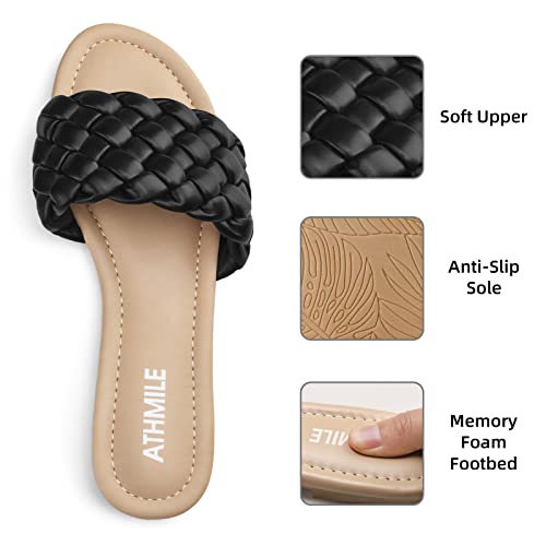 Image of ATHMILE Braided Sandals for Women, Open Toe Flat Summer Slides, Nude Sandal | Woven braided upper with round open toe design, lightweight flat style for beach trips, vacations, and summer outfits.