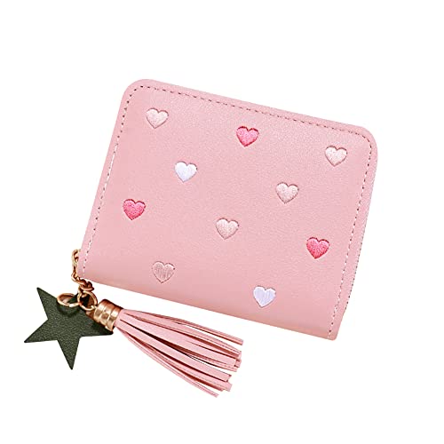PU Leather Purse Wallet with Star Pendant Womens Credit Card Holder Small Purses with Card Slots Zipper Coin Purse with Embroidery Heart Pink