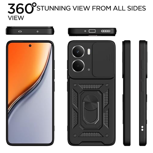 Image of Outlouders Back Cover for Realme P3 5G | D10 Tough Armor 360 Protection Case with Sliding Camera Shield & Ring Holder Stand Bumper Case (Black)
