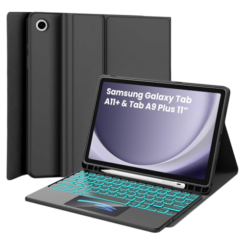 Image of Keyboard Case for Samsung Galaxy Tab A11+ & Tab A9 Plus 11 inch Folio Cover SM-X230, SM-X236B, SM-X210, SM-X215 with Trackpad, 7 Color Backlit Magnetically Detachable Bluetooth Keyboard, Multi-Angle View