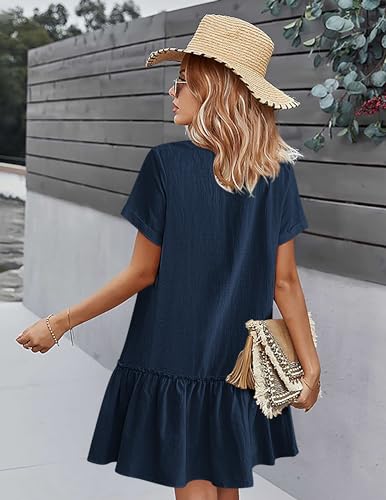 Image of HOTOUCH Women Button Down Dress Loose Summer Cotton Linen Dress Ruffle Hem Casual Dress Short Sleeve Tunic Dress