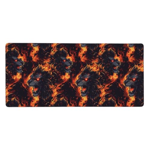 Tapis de souris de jeu géant 40x91cm motif lion en flammes pour bureau
