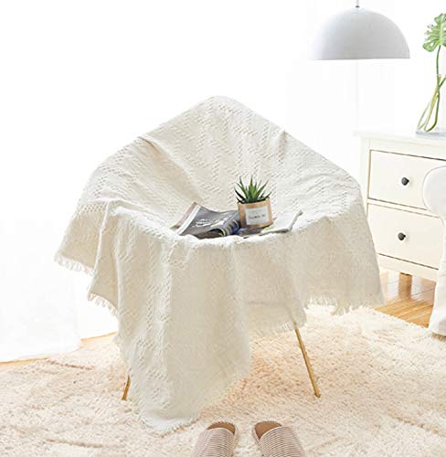 BESTELLIE - Colcha de algodón 100% tejido con borlas para sofá, sofá, cama, manta bohemia, decoración para meditación Yoga Centro Dormitorio (90 x 150 cm), color blanco