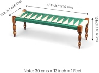 Ikiriya Hamilton Sheesham Wood 2 Seater Maachi Bench Set with 2 Stools for Dining Room Living Room and Home- Green & White Rope Canning (Teak Finish)