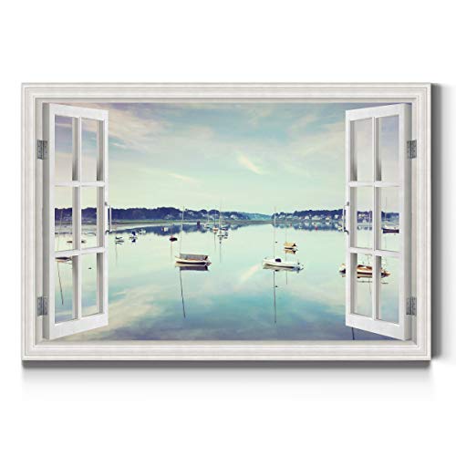 Renditions Gallery Modern Wall Art Landscape Window View Pictures for Home Sailing Boats in a Lake Canvas Artwork Prints for Bedroom Dining Living Room Office Home Kitchen Decor - 32"X48" LT01