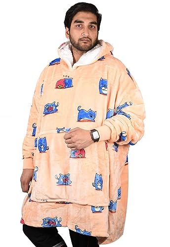 True Face Blanket Hoodie Unisex Oversized Ladies Sherpa Fleece Ultra Plush Unisex Hooded Sweatshirt Orange - Blue Cat One Size