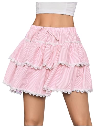 Verdusa Women's Y2K Coquette Striped Lace Trim Ruffle Skirt Bow Tie A Line Layered Mini Skirt