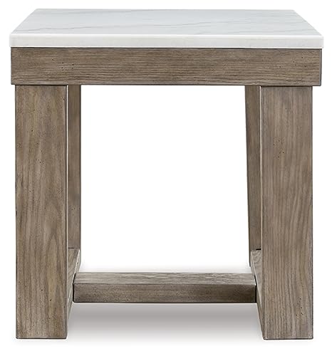 Image of Signature Design by Ashley Loyaska 24-Inch Square Marble End Table, Sturdy Trestle Base, Oak Veneer and MDF Substrate, Ideal for Living Room, Grayish Brown